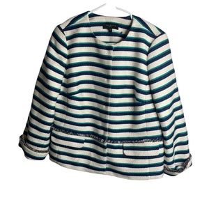 Talbots Blazer Womens 10P Petite White Blue Green Tweed Jacket Snap Fringe New